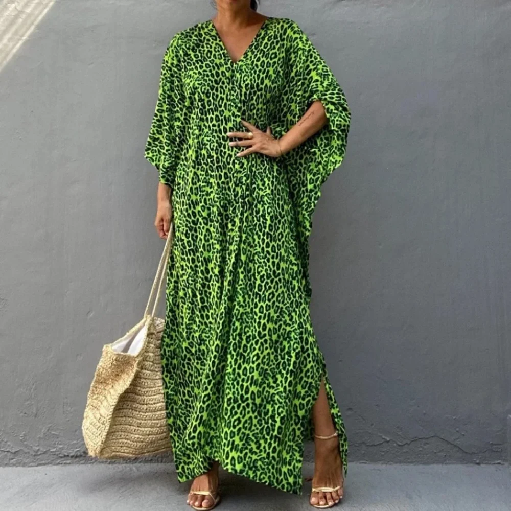SOLD OUT Lime Green Leopard Animal Print V-Neck Long Maxi Kaftan Kimono Dress - Picture 1 of 8